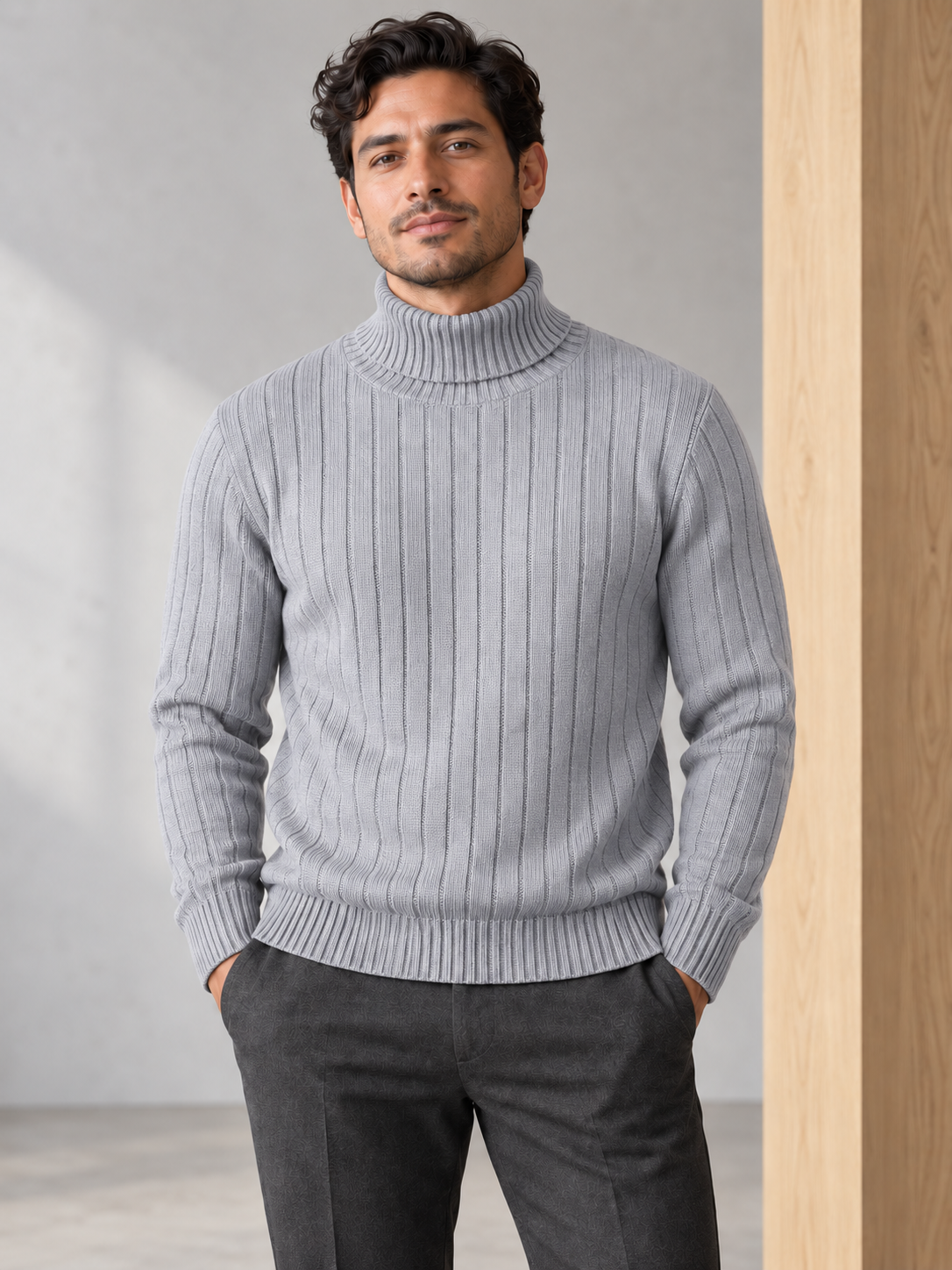 Men's vertically ribbed turtleneck sweater in light-gray on model