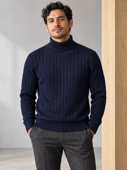 Men's vertically ribbed turtleneck sweater in navy on model