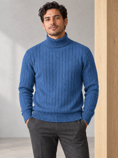 Men's vertically ribbed turtleneck sweater in royal-blue on model