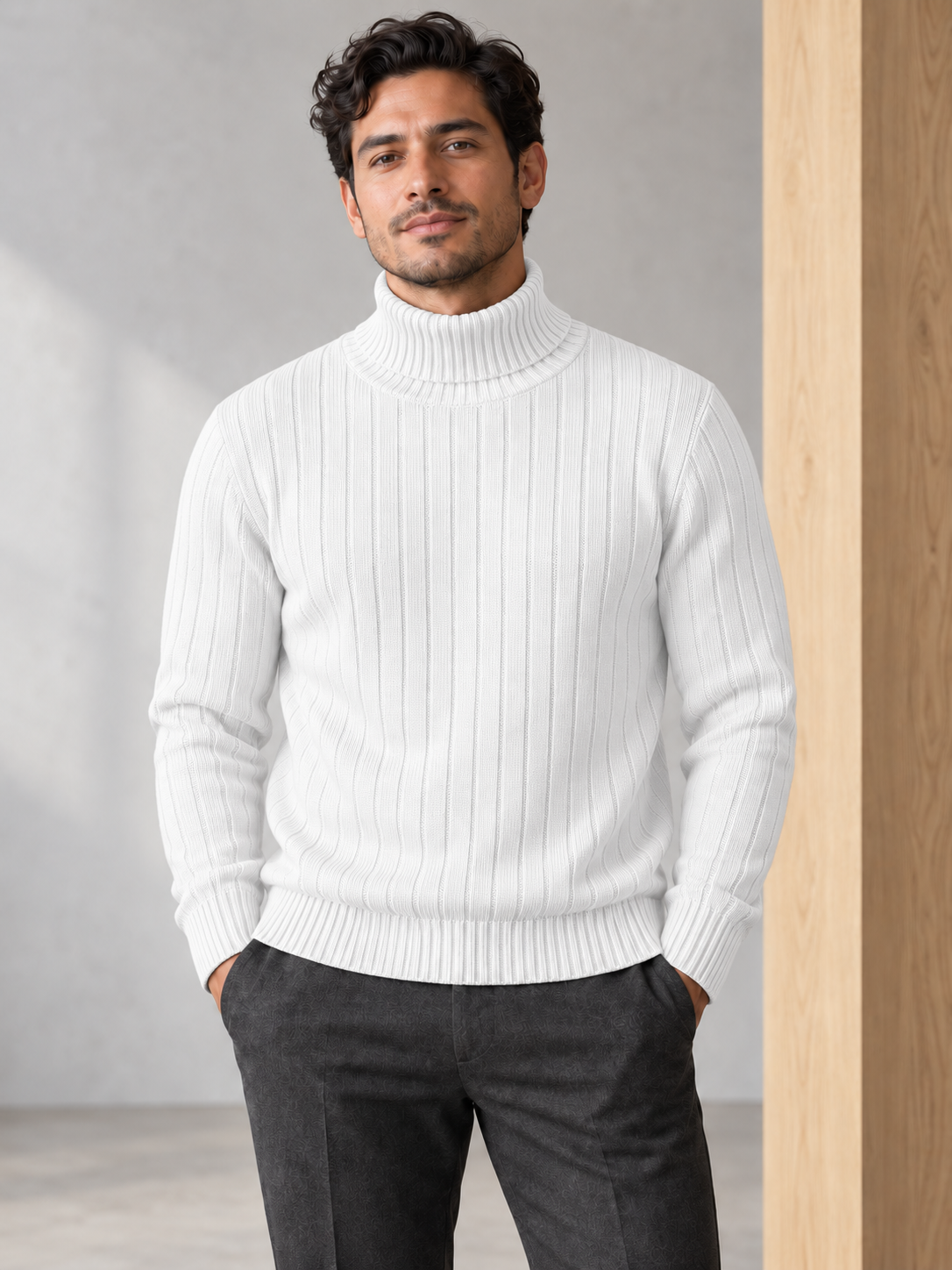 Men's vertically ribbed turtleneck sweater in white on model