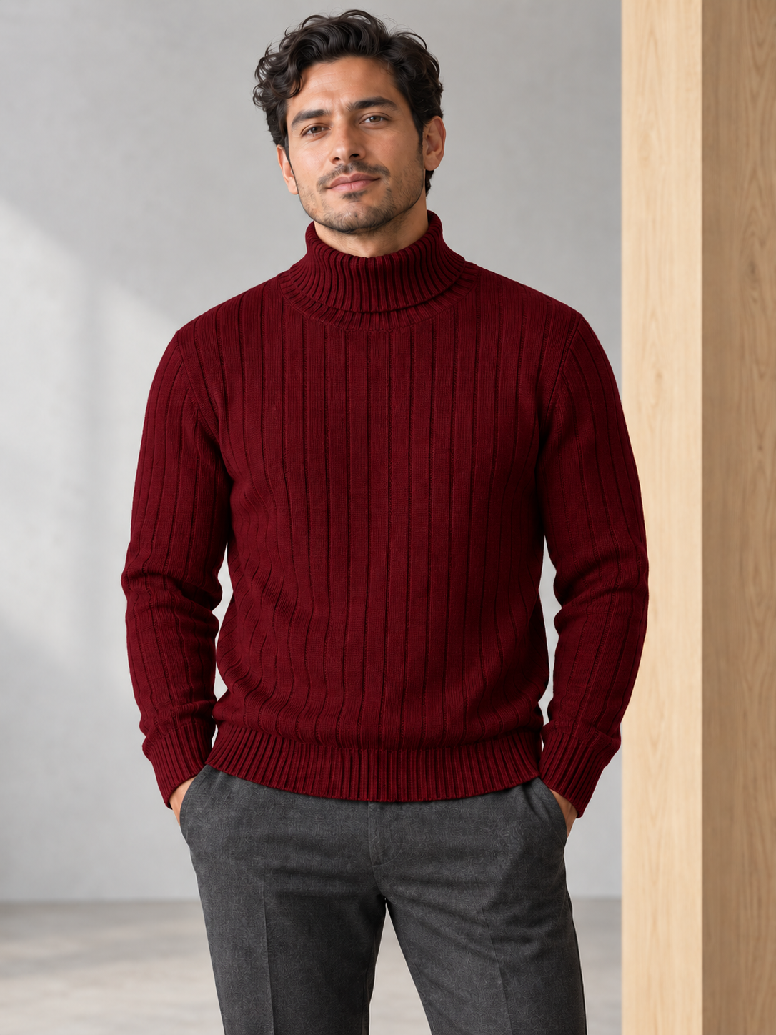 Men's vertically ribbed turtleneck sweater in wine-red on model