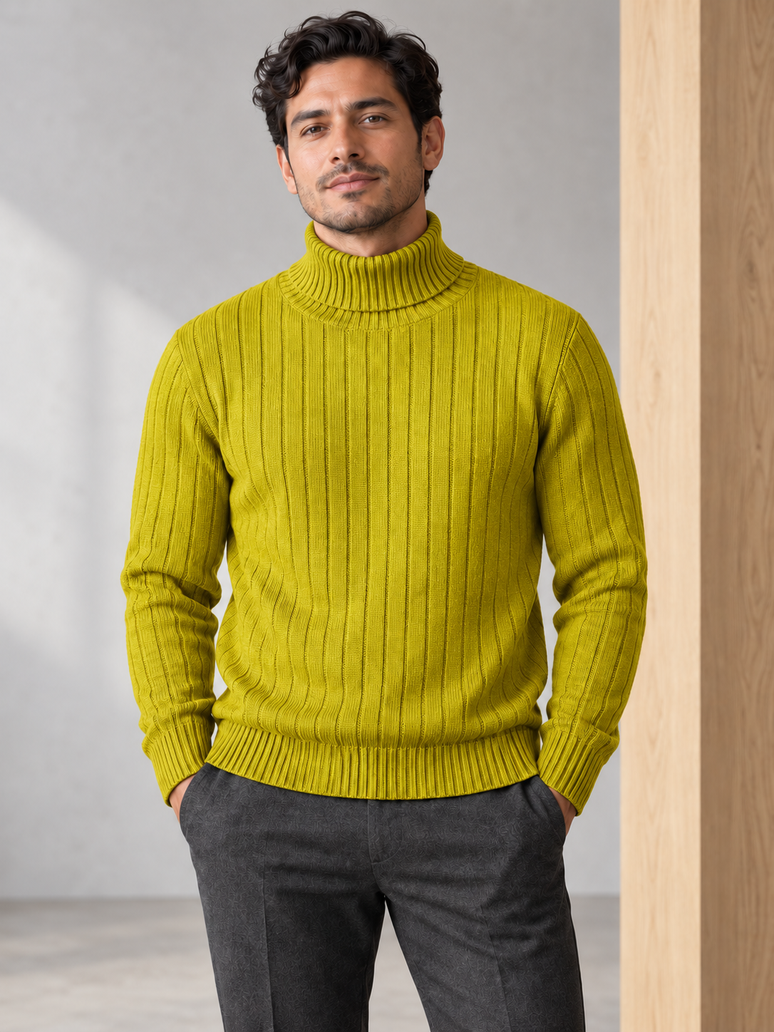 Men's vertically ribbed turtleneck sweater in yellow on model