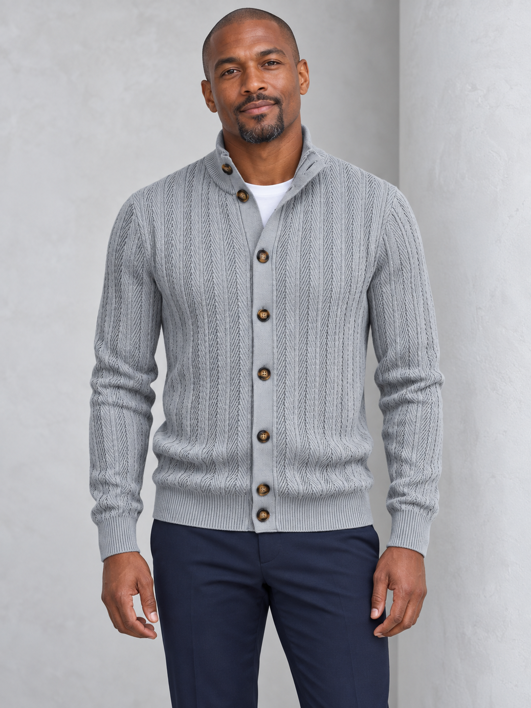 Men's gray herringbone knit stand-collar cardigan on model