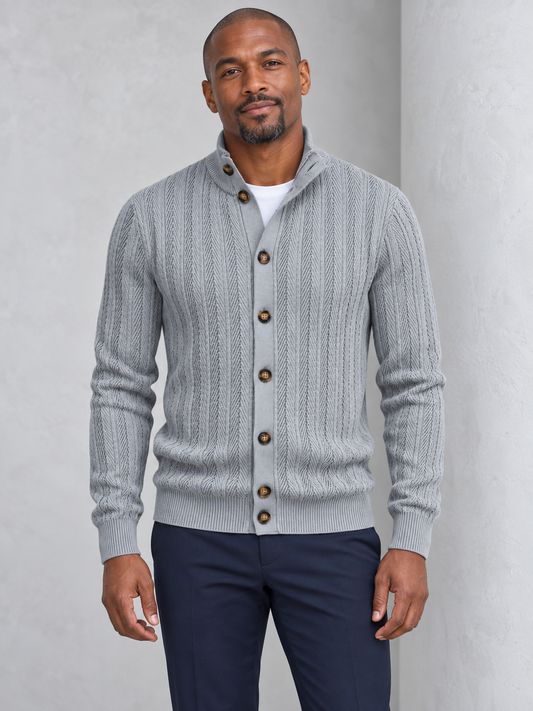Men's gray herringbone knit stand-collar cardigan on model