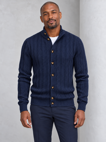 Men's navy herringbone knit stand-collar cardigan on model
