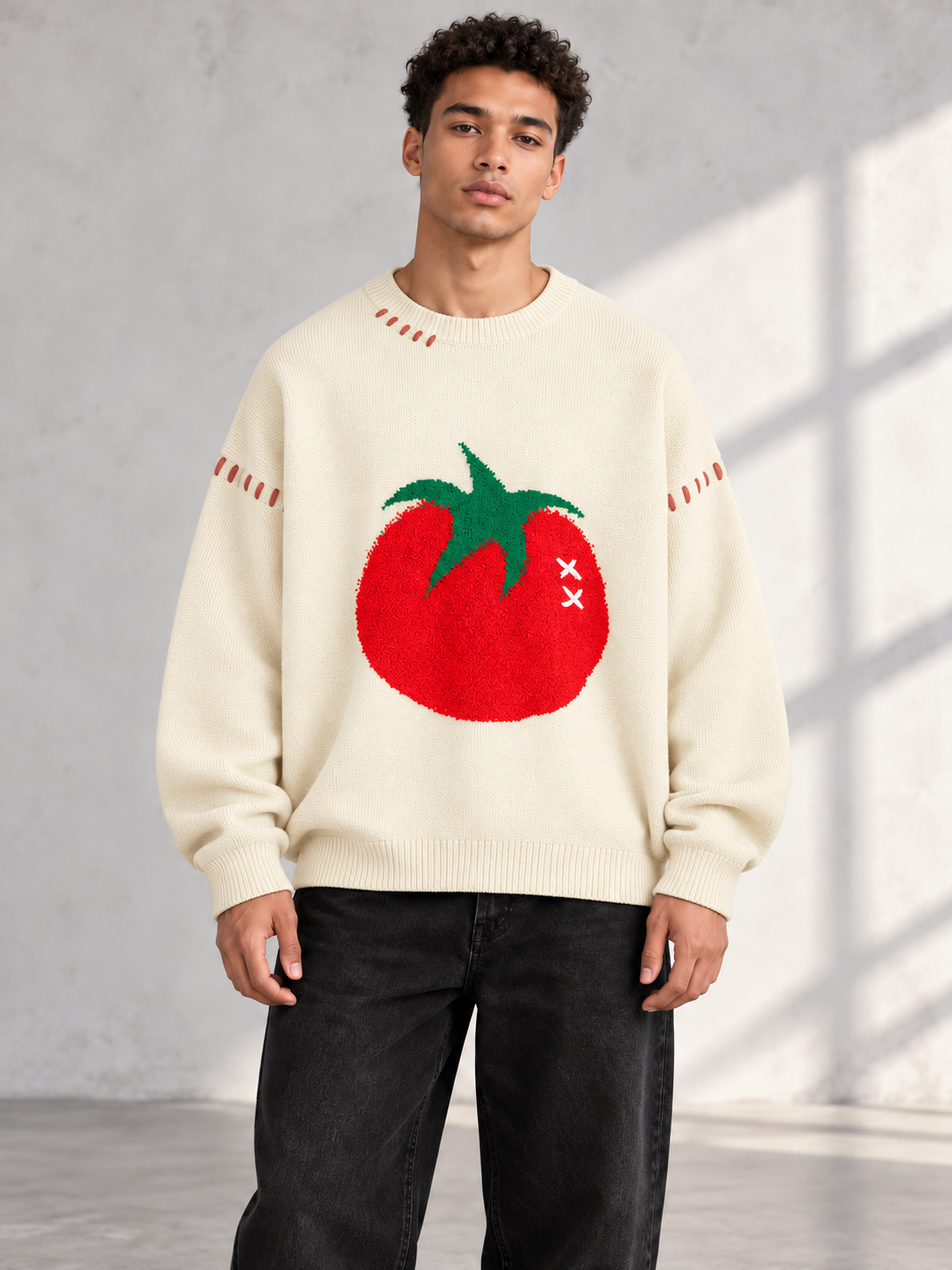 Men's beige oversized tomato graphic knit sweater on model