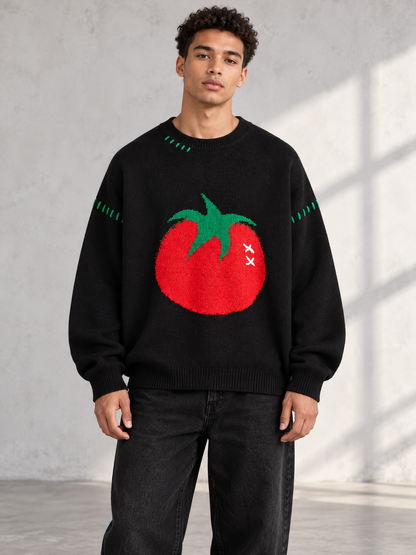 Men's black oversized tomato graphic knit sweater on model