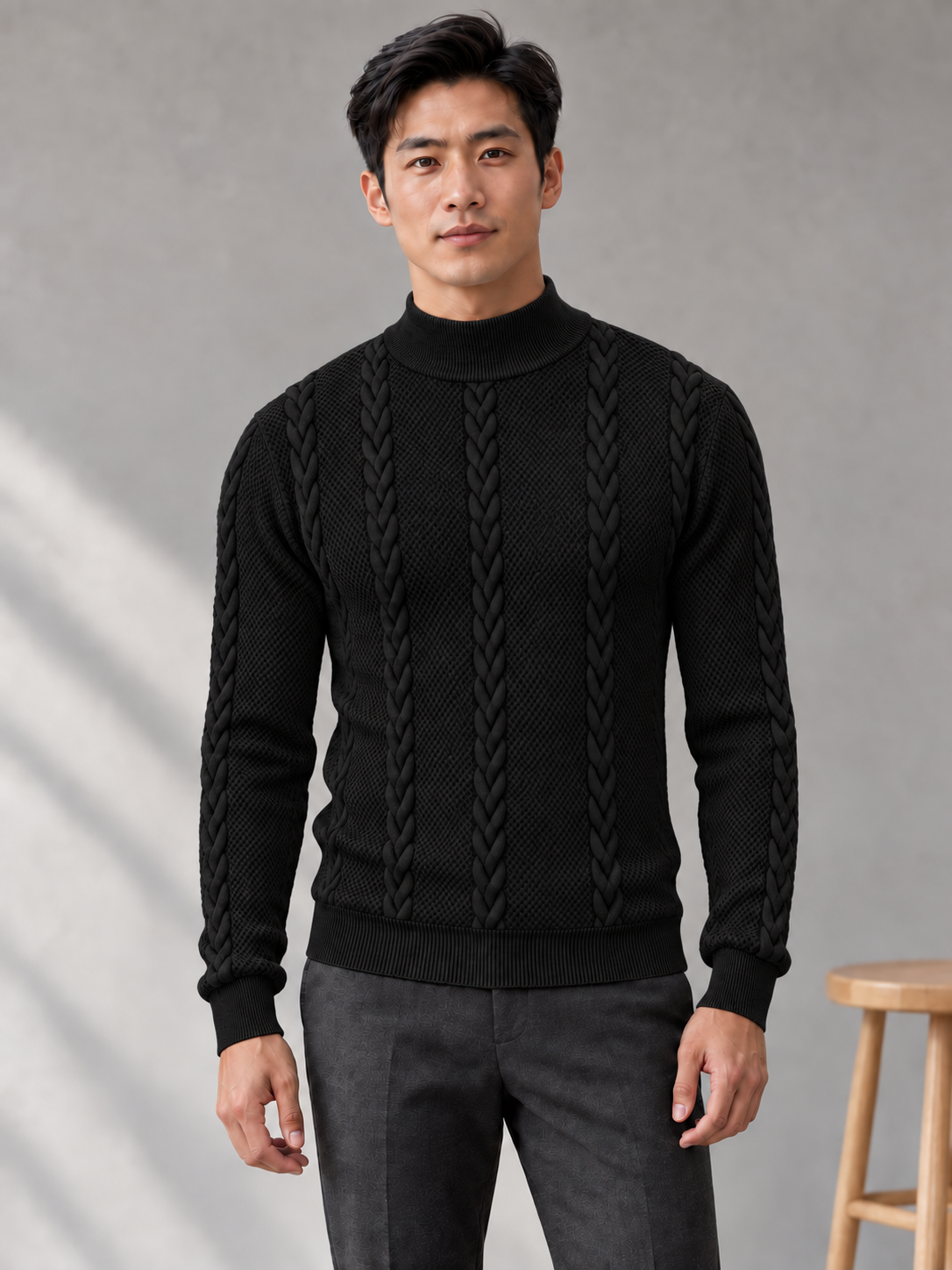 Men's black cable-knit mock-neck sweater on model