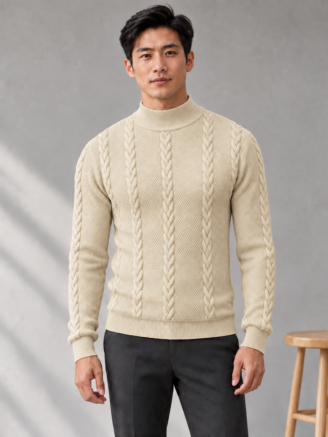 Men's khaki cable-knit mock-neck sweater on model
