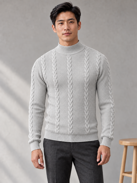 Men's light gray cable-knit mock-neck sweater on model