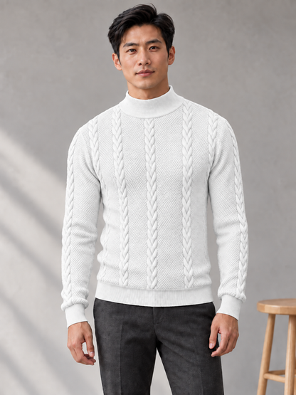 Men's white cable-knit mock-neck sweater on model