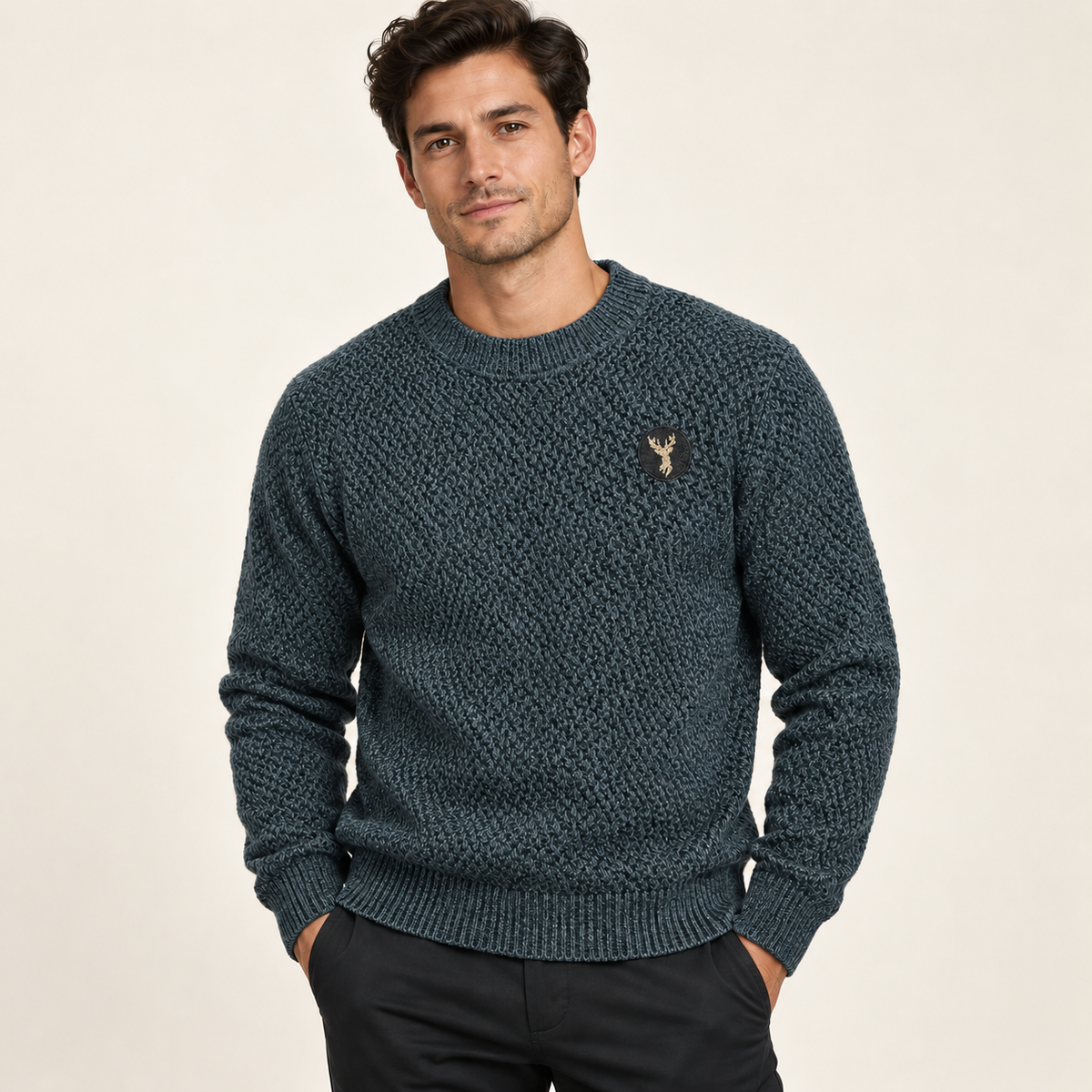 Male model wearing green textured crewneck sweater with gold deer embroidery