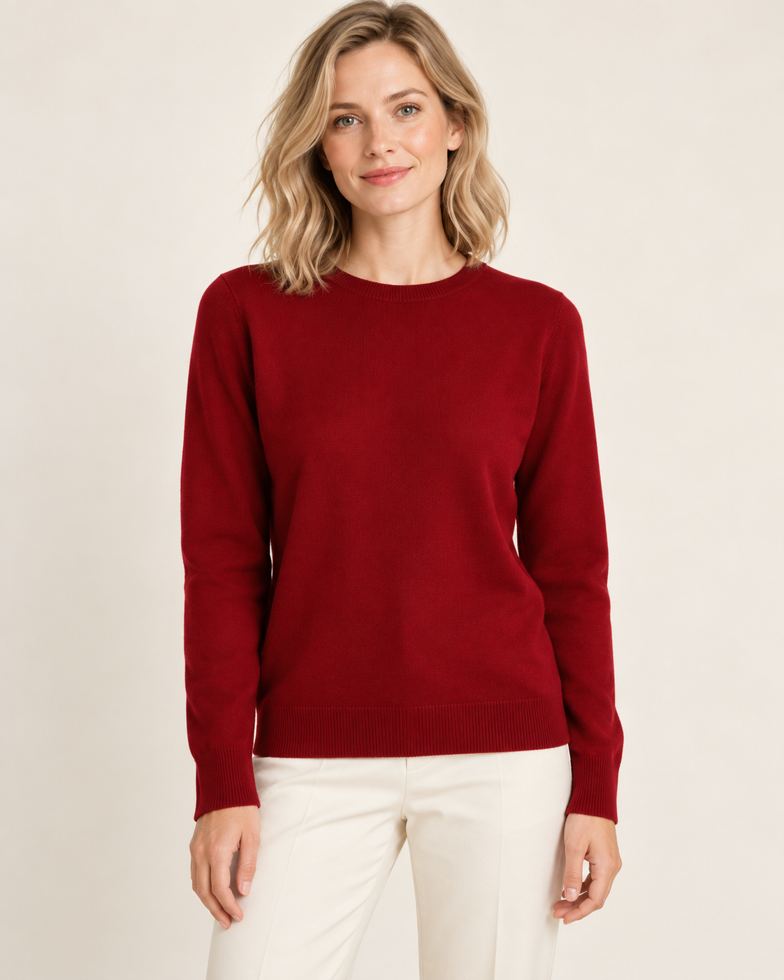 Burgundy classic crewneck sweater on a model