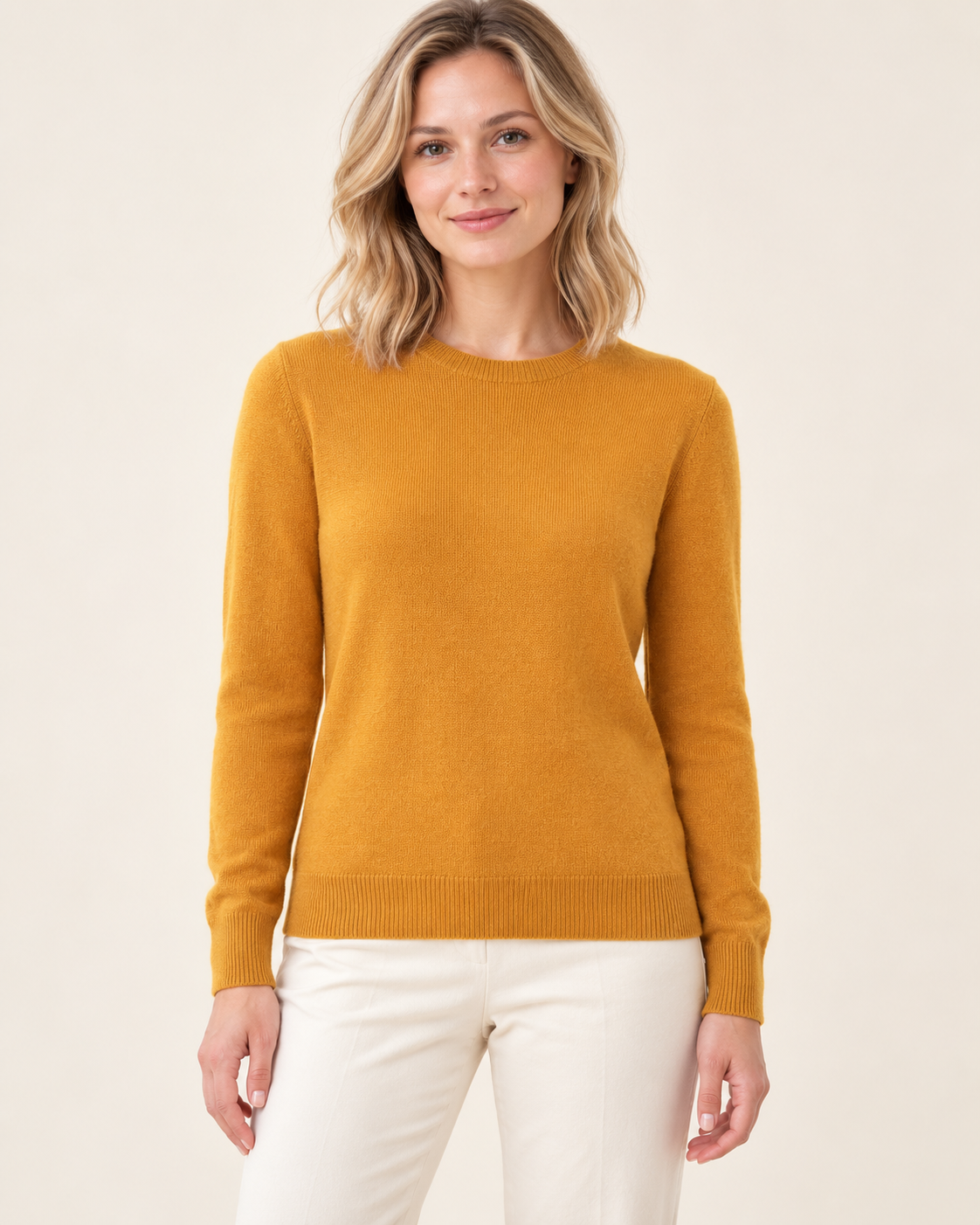 Ginger yellow classic crewneck sweater on a model