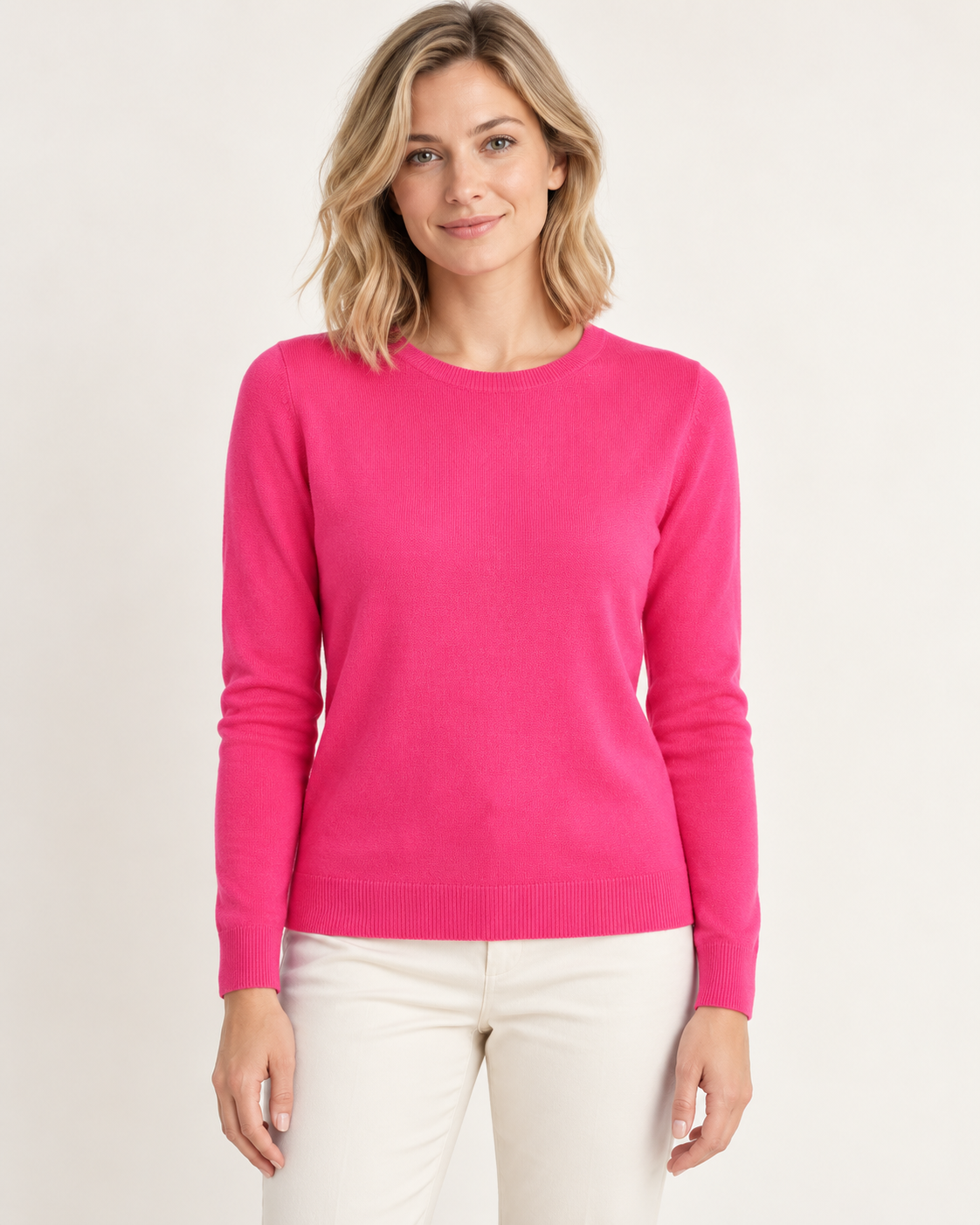Rose red classic crewneck sweater on a model