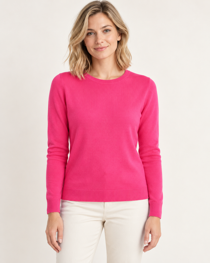 Rose red classic crewneck sweater on a model