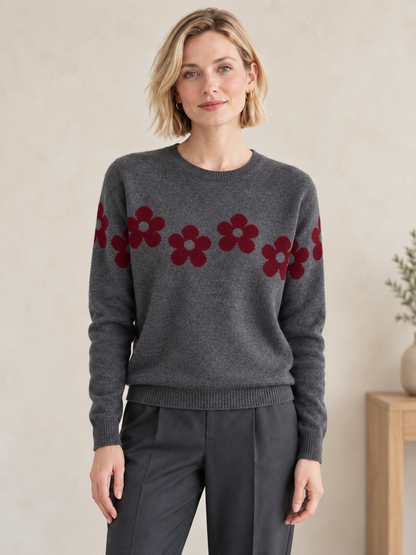 Women's dark gray flower knit sweater on model