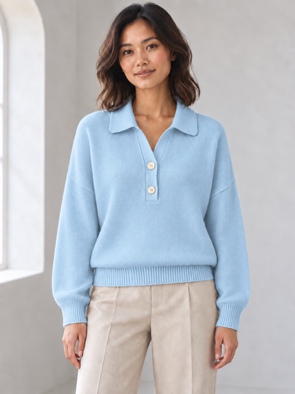 Women's sky blue half-button polo sweater on model