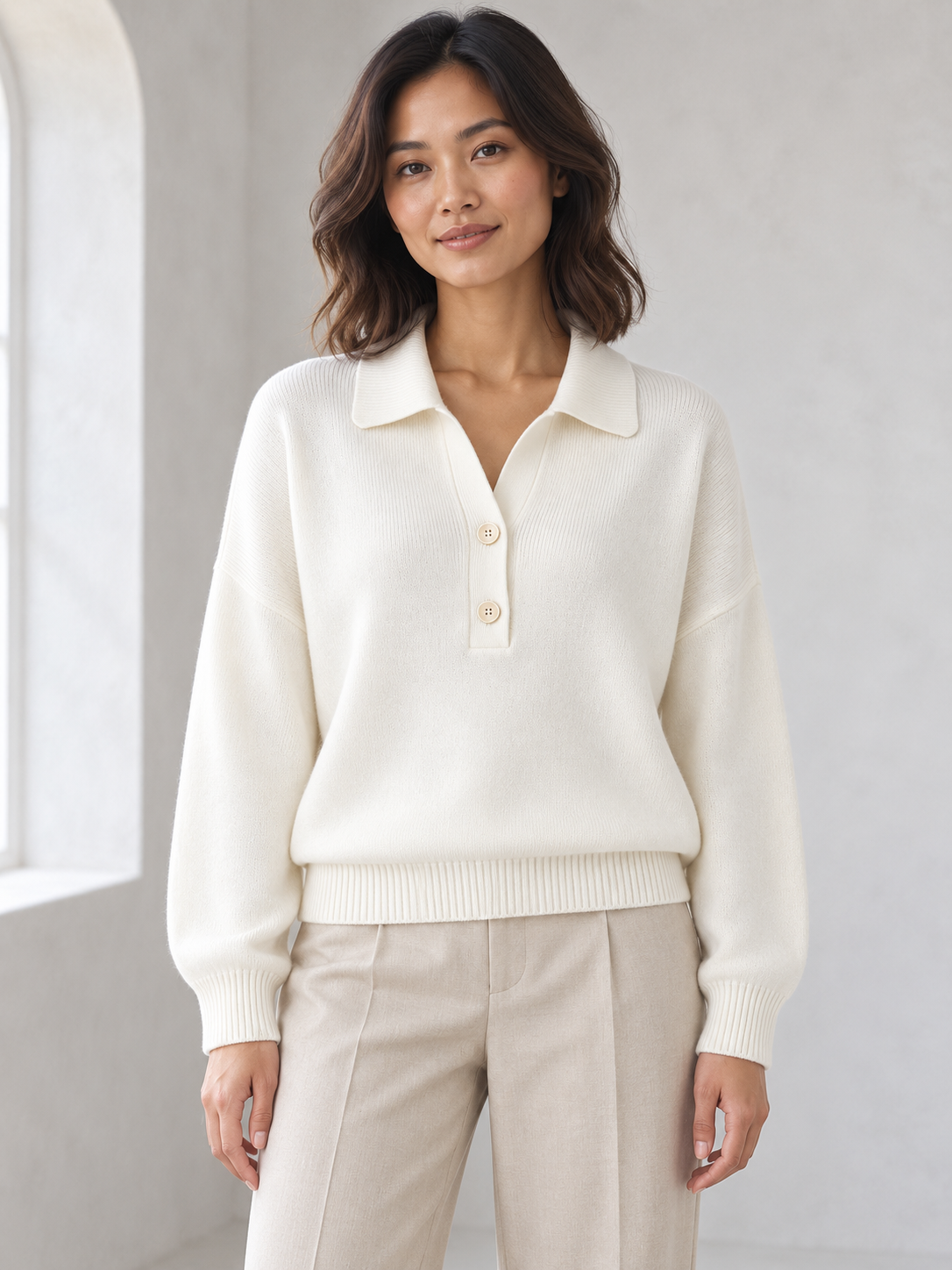 Women's white half-button polo sweater on model