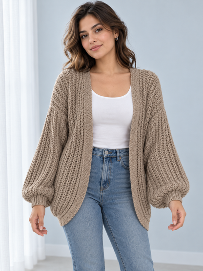 Female model wearing khaki open-front lantern-sleeve cardigan, front view