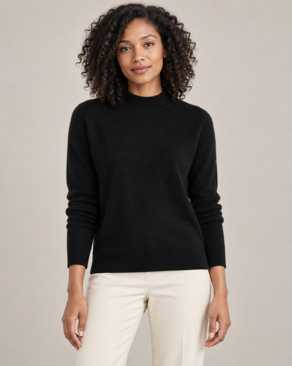 Black mock-neck sweater on a model