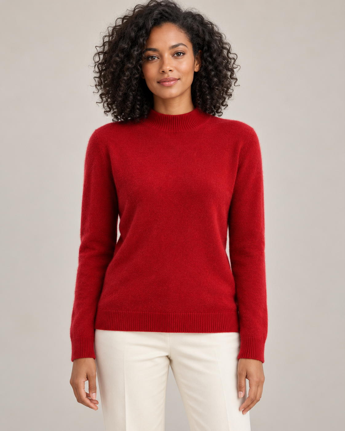 Burgundy red mock-neck sweater on a model