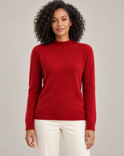 Burgundy red mock-neck sweater on a model