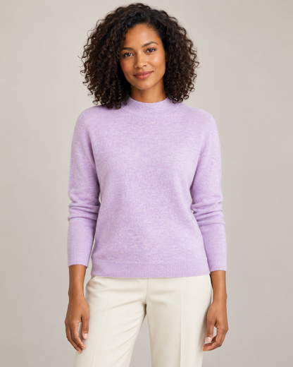 Lavender mock-neck sweater on a model