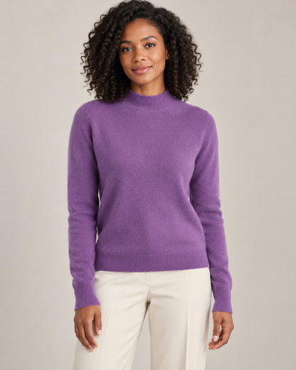 Purple mock-neck sweater on a model