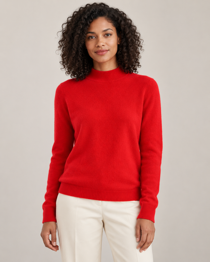 Bright red mock-neck sweater on a model
