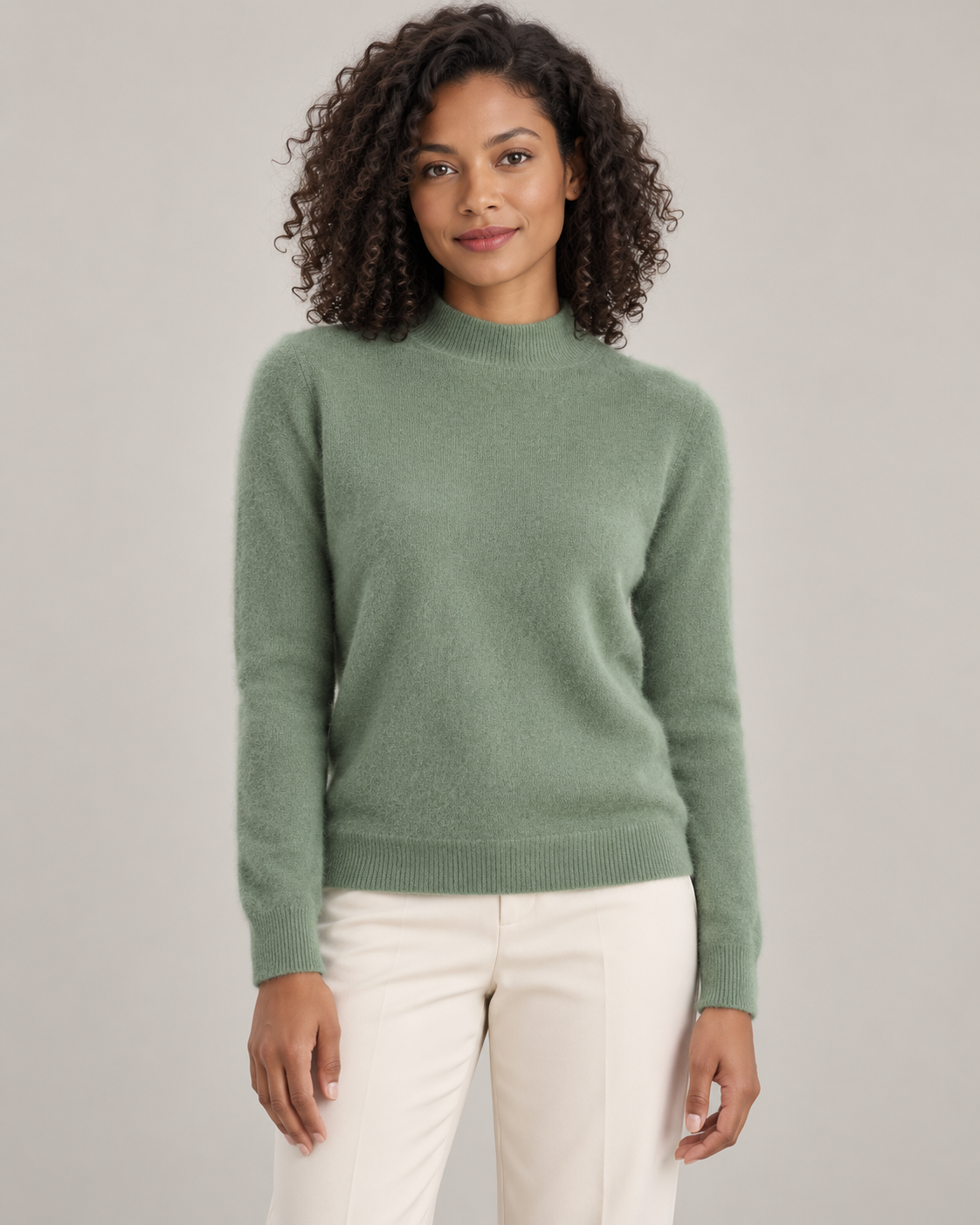 Sage green mock-neck sweater on a model