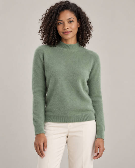 Sage green mock-neck sweater on a model