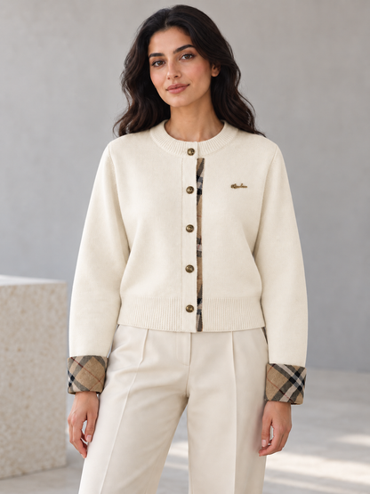 Women's plaid-trim knit cardigan in beige on model