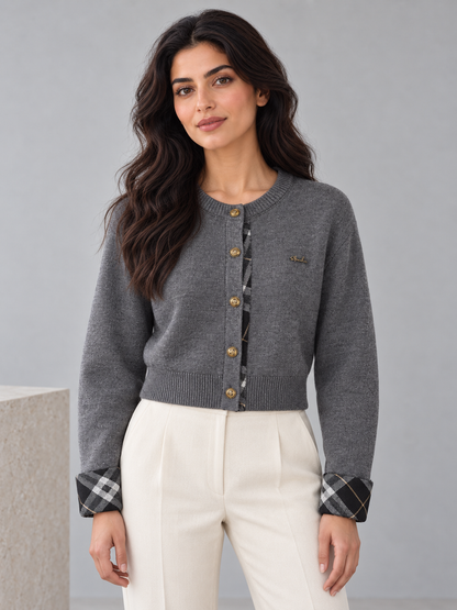 Women's plaid-trim knit cardigan in gray on model