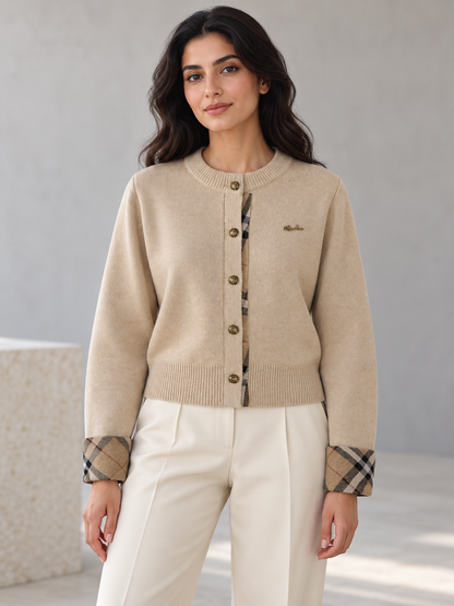 Women's plaid-trim knit cardigan in khaki on model