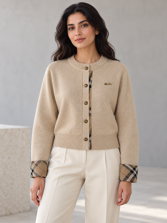 Women's plaid-trim knit cardigan in khaki on model