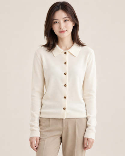 Cream beige polo-collar cardigan on a model