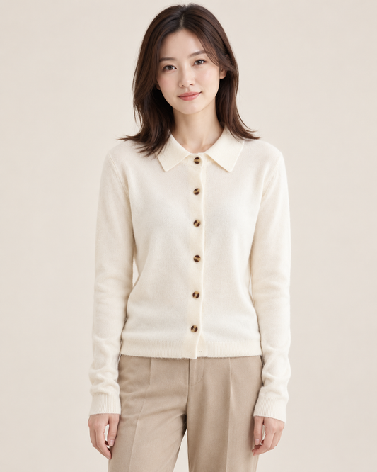Cream beige polo-collar cardigan on a model