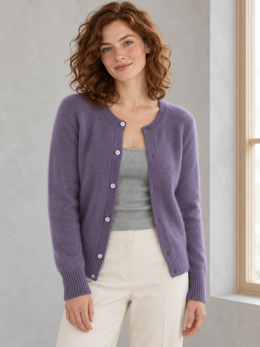 Women's purple crew-neck knit cardigan on model
