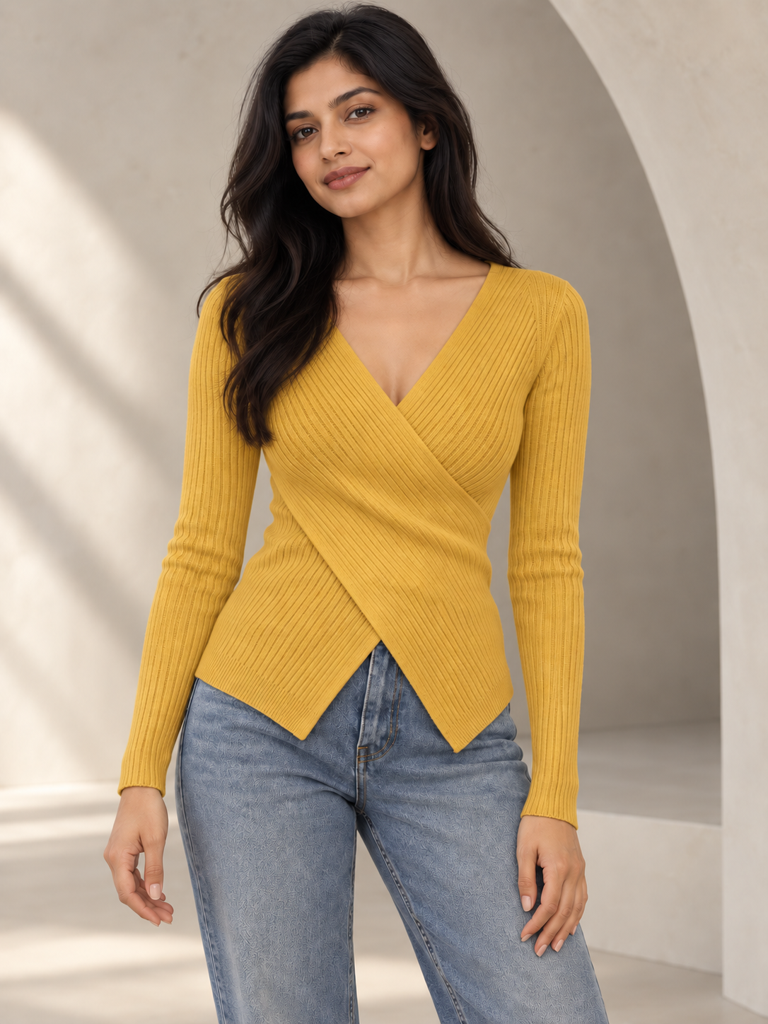 Women's ribbed crossover V-neck knit top in yellow on model